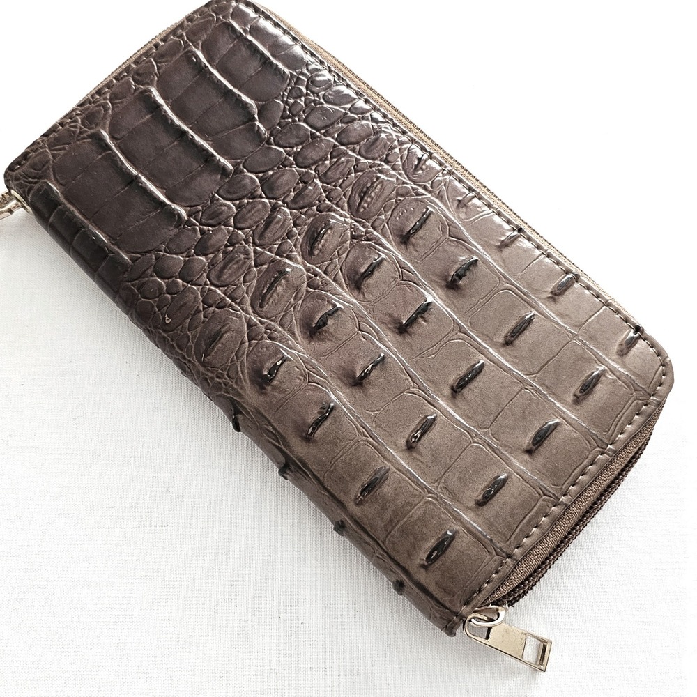 Brown Faux Crocodile Embossed‎ Zip Around Wristlet Continental Wallet